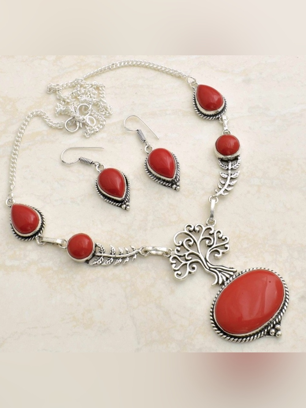 Coral Gemstone Designer Necklace/Earrings